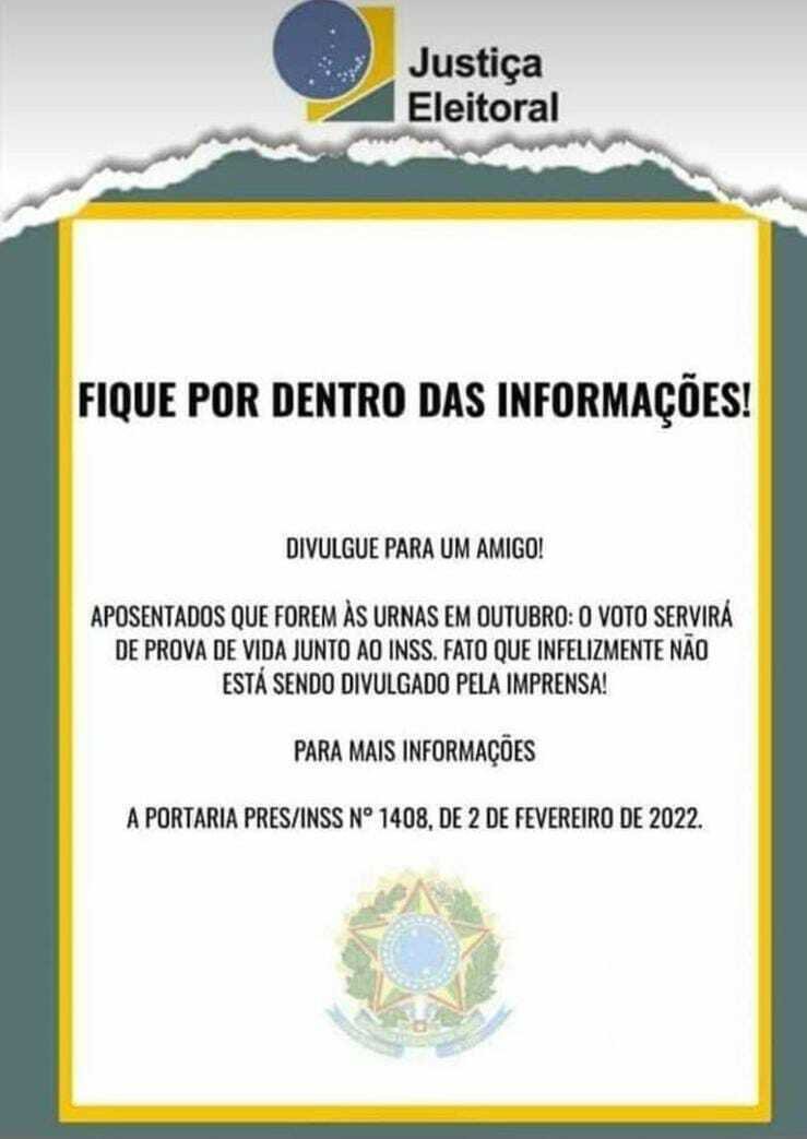 fakecomprovantedevotaonoservecomoprovadevida_0302787001726743065 É fake: comprovante de votação não serve como prova de vida
